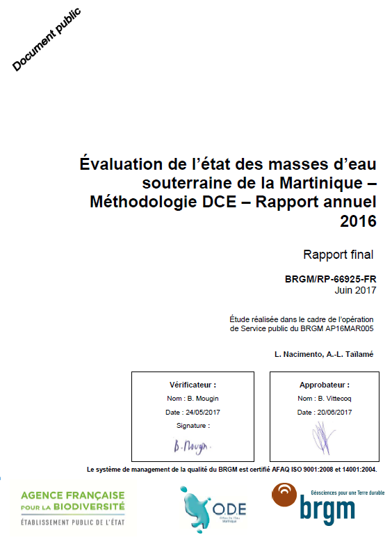 Evaluation de l’état des masses d’eau souterraine de la Martinique - Méthodologie DCE – Rapport annuel 2016